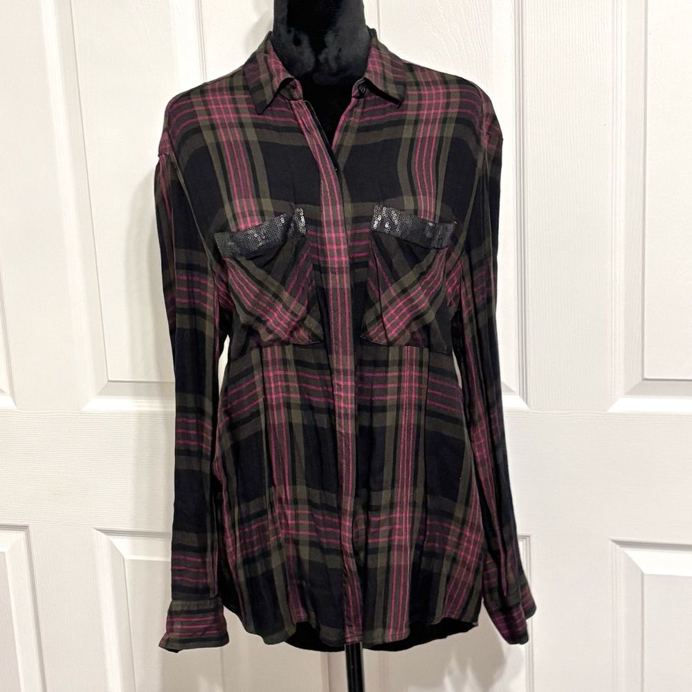 Women’s Express Black Pink Olive Green Plaid Button Down Shirt Sequins Small